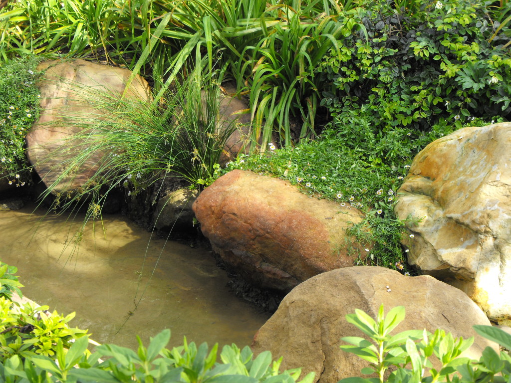 Sandstone rocks were used to embellish this man made creek water feature.
